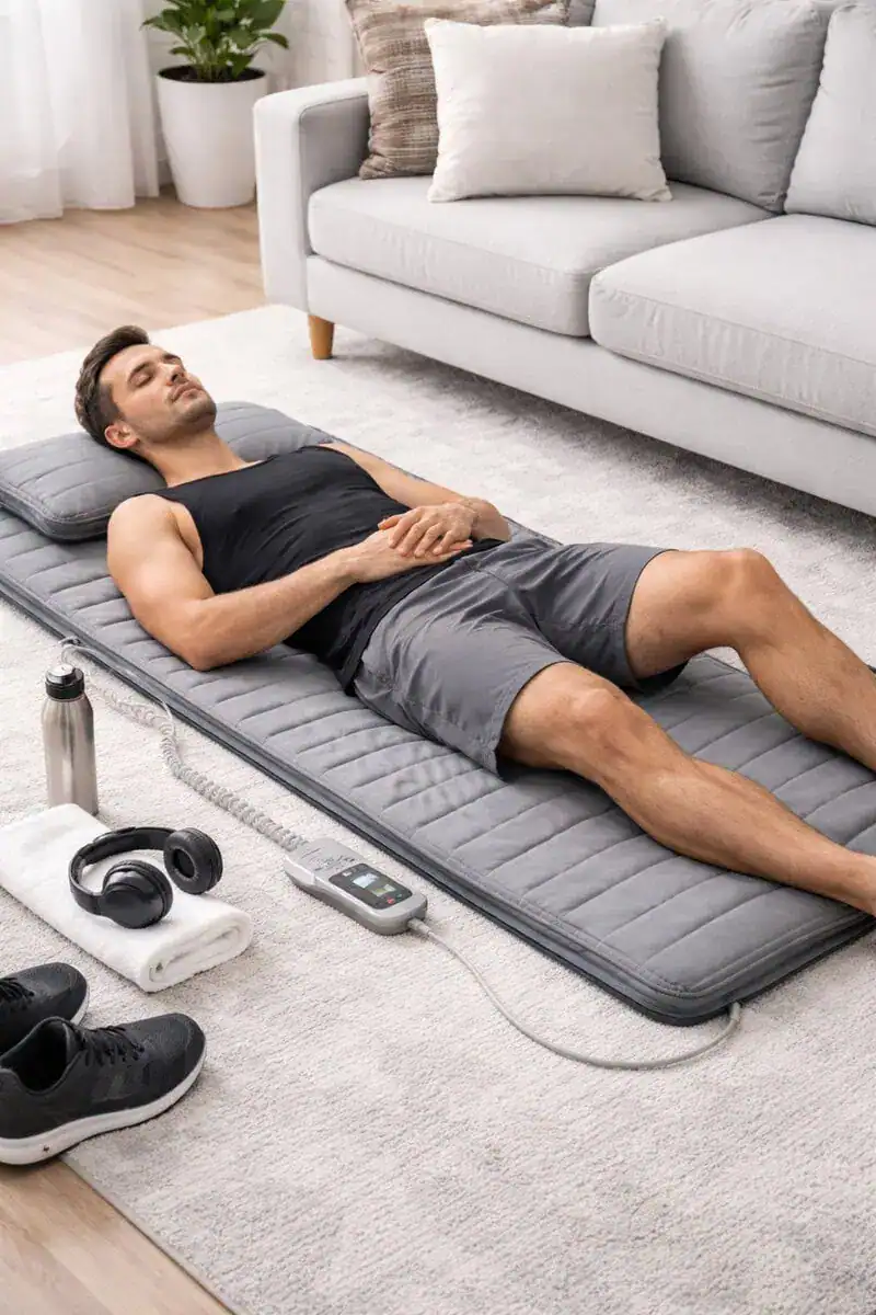 Athlete using PEMF therapy mat during recovery after physical training