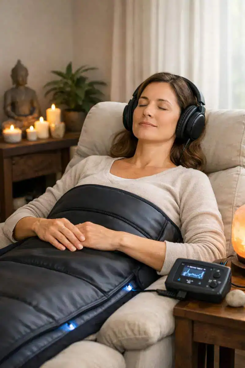 calm individual practicing focused breathing in a wellness environment