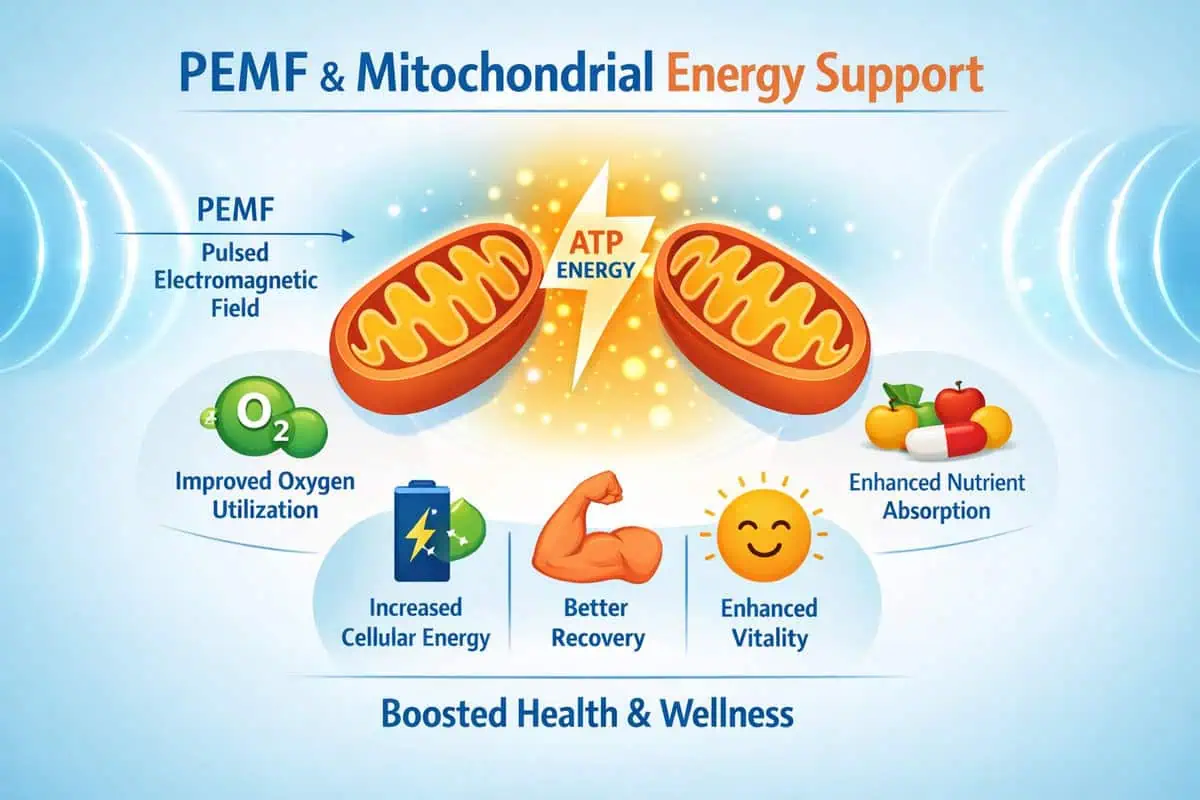 Illustration of mitochondrial energy production and ATP generation within cells